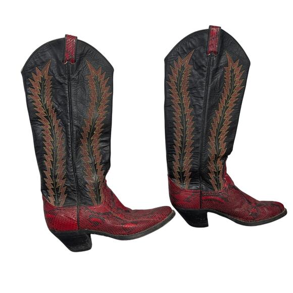 Larry Mahan Western Boots Womens 8.5B Python Snakeskin Red Color Block Rodeo - Picture 6 of 12